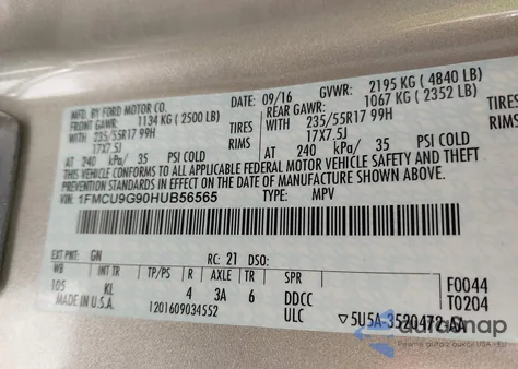 2017 Ford Escape Se z USA, uszkodzony, nr VIN 1FMCU9G90HUB56565